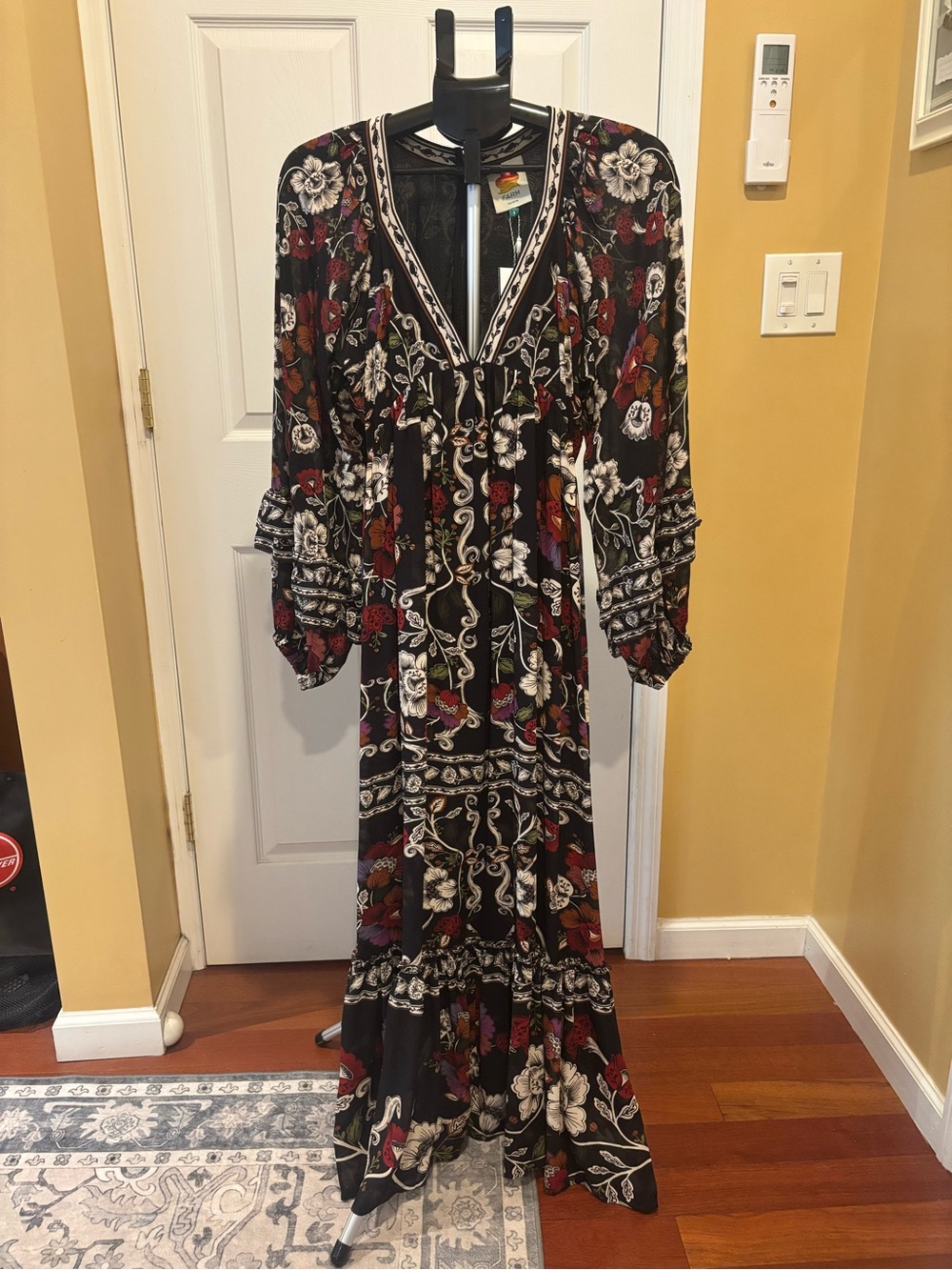 Farm Rio Bohemian Black Floral Long Sleeve Maxi Dress